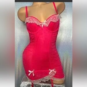 Victoria's Secret Hot Pink Lace-Trim Chemise with Bow Accents Sz 34B